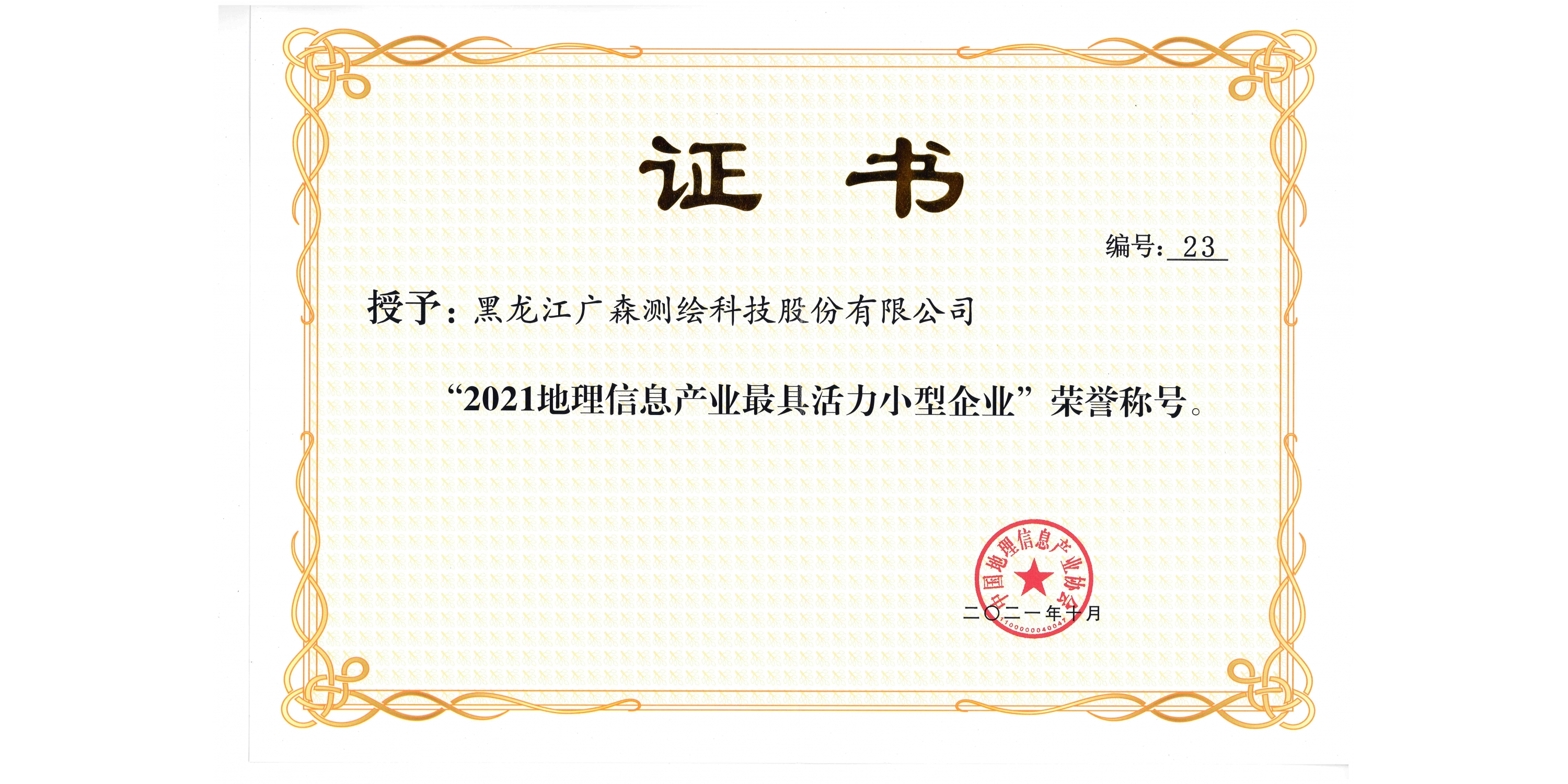 2021年地理信息產(chǎn)業(yè)最具活力小型企業(yè)榮譽證書